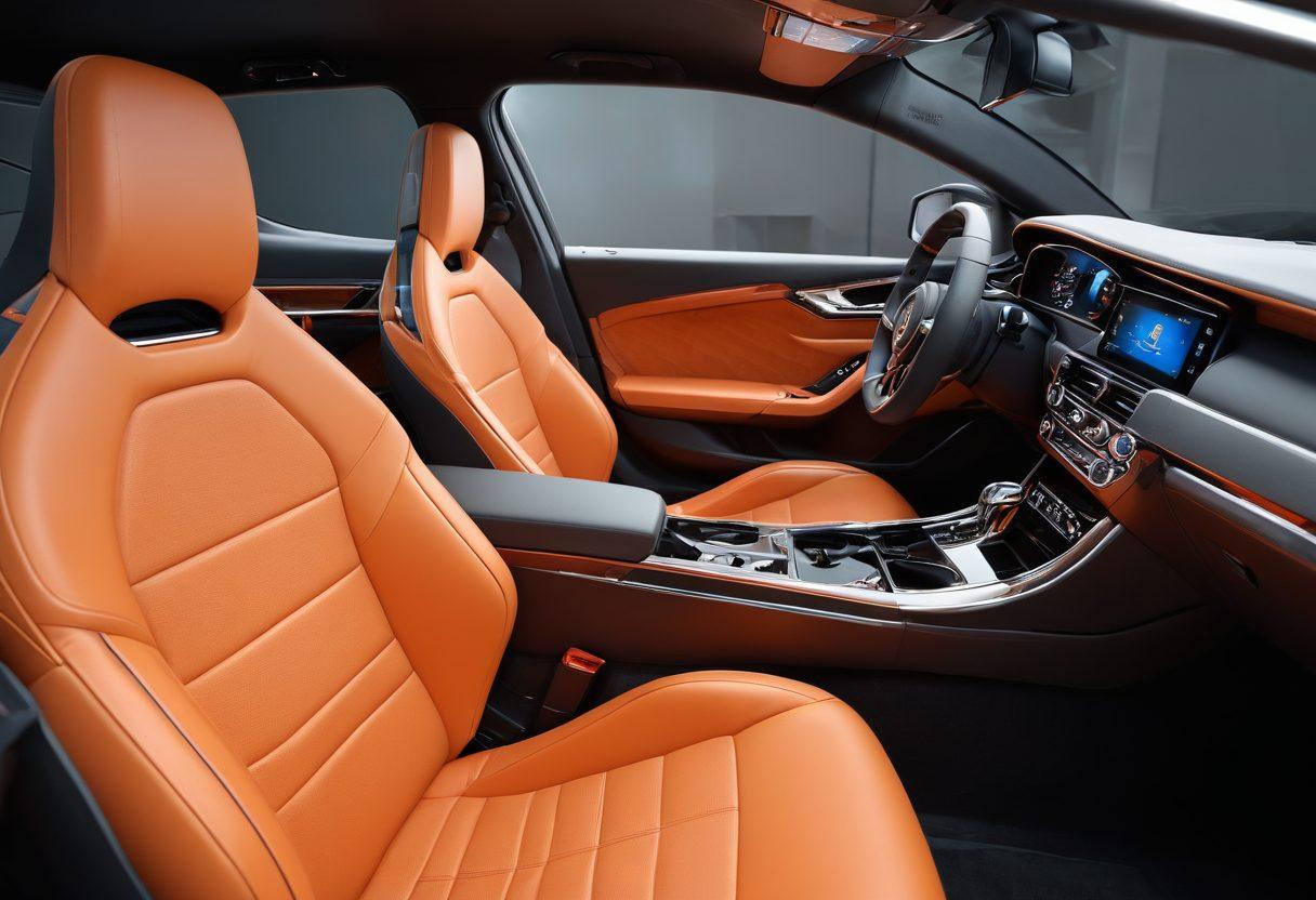 A sleek, modern automotive interior showcasing high-quality frames and accessories with polished metal accents, vibrant leather seats, and an advanced touch-screen interface. Include a mechanic's workspace in the background filled with tools and car parts, reflecting craftsmanship and precision. Natural light streaming in to highlight the details, creating an inviting atmosphere. super-realistic. vibrant colors. 3D.