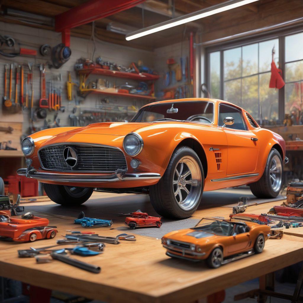 A dynamic scene depicting a custom car frame in a vibrant workshop filled with tools and accessories, glowing with enthusiasm for car enthusiasts. Showcase an assortment of colorful car accessories arranged artfully on a workbench, and include a mechanic passionately working on a car. The background should feature a large poster of happy drivers enjoying their personalized vehicles. super-realistic. vibrant colors. 3D.